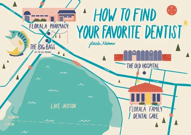 An illustrated map displaying where to find Florala Family Dental